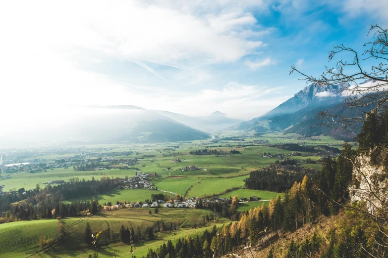 a view of a valley with mountains in the background, by Sebastian Spreng, pexels contest winner, chairlifts, avatar image, bird view, high quality image