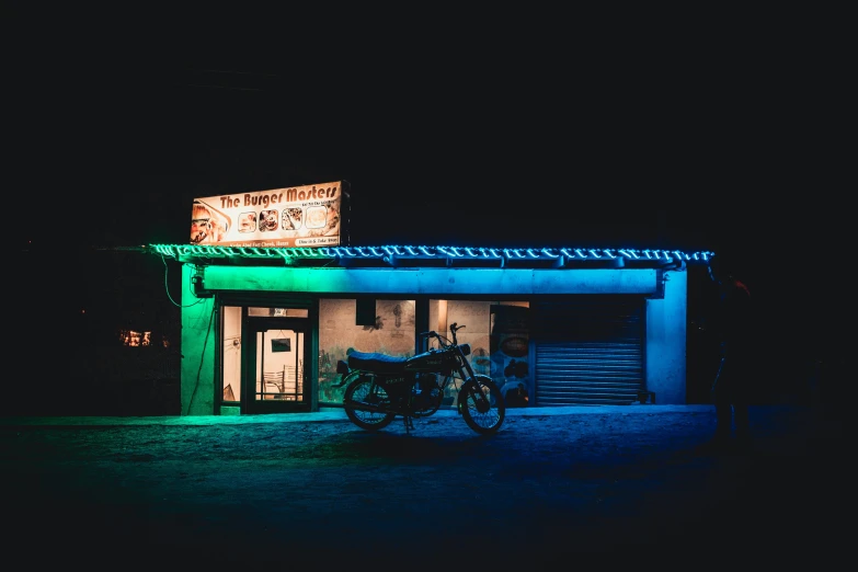 a motorcycle parked in front of a building at night, pexels contest winner, hyperrealism, neon madhubani, local bar, teal electricity, photography of todd hido