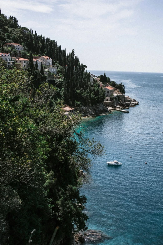 a couple of boats that are in the water, a picture, by Daren Bader, trending on unsplash, renaissance, croatian coastline, detailed trees and cliffs, slide show, settlement