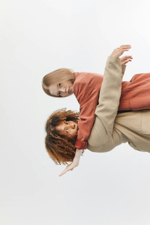 a man flying through the air with a child on his back, trending on pexels, renaissance, woman holding another woman, muted colors. ue 5, wearing a turtleneck and jacket, neutral pose