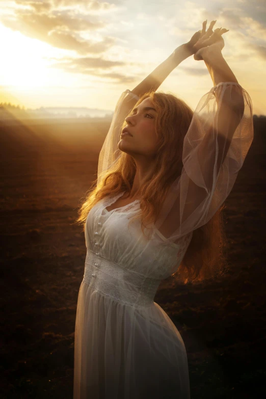 a woman in a white dress standing in a field, pexels contest winner, renaissance, sunrise dramatic light, flowing glowing hair, mary jane ansell, sun lighting from above