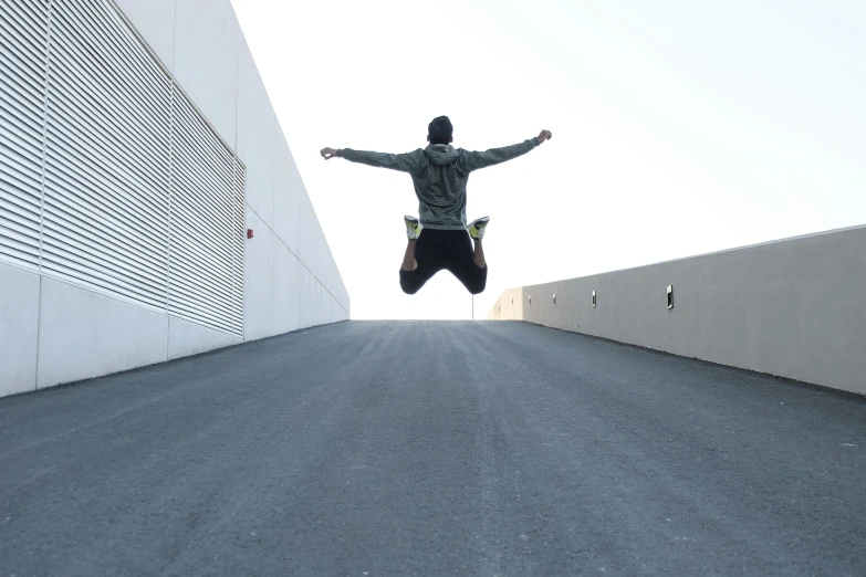 a man flying through the air while riding a skateboard, pexels contest winner, happening, car jump, athletic crossfit build, floating in empty space, snapchat photo