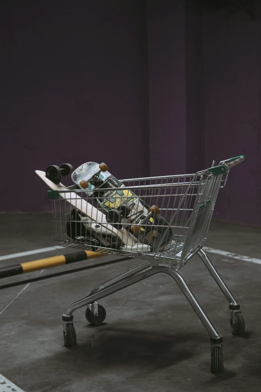 a shopping cart sitting on top of a parking lot, a hyperrealistic painting, pexels contest winner, hyperrealism, skateboard, indoors, nadav kander, purple