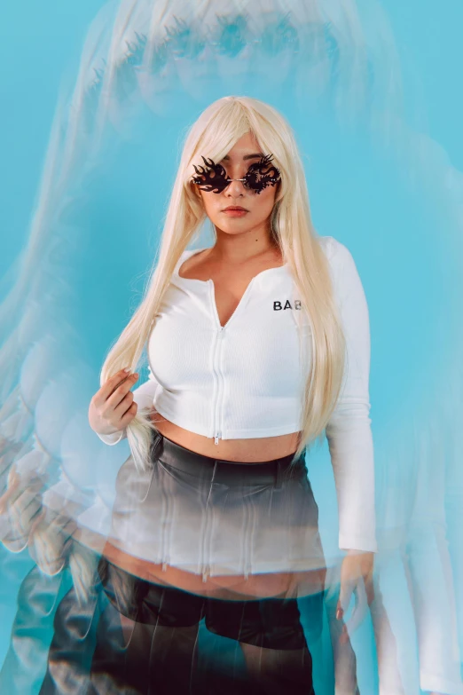 a woman in a white shirt and black pants, an album cover, inspired by Elsa Bleda, featured on reddit, tifa lockhart with white hair, bra and shorts streetwear, wig, trending on bbwchan