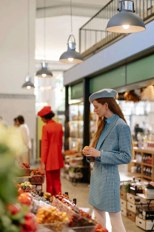 a woman is shopping in a grocery store, trending on pexels, visual art, wearing a light blue suit, wearing a french beret, thumbnail, beautiful surroundings