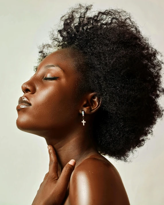 a woman with an afro is posing for a picture, by Carey Morris, trending on pexels, chiseled jawline, silicone skin, black jewellery, profile image