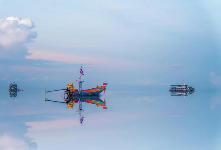 a boat floating on top of a body of water, pexels contest winner, thawan duchanee, blue and pink colors, avatar image, reflection