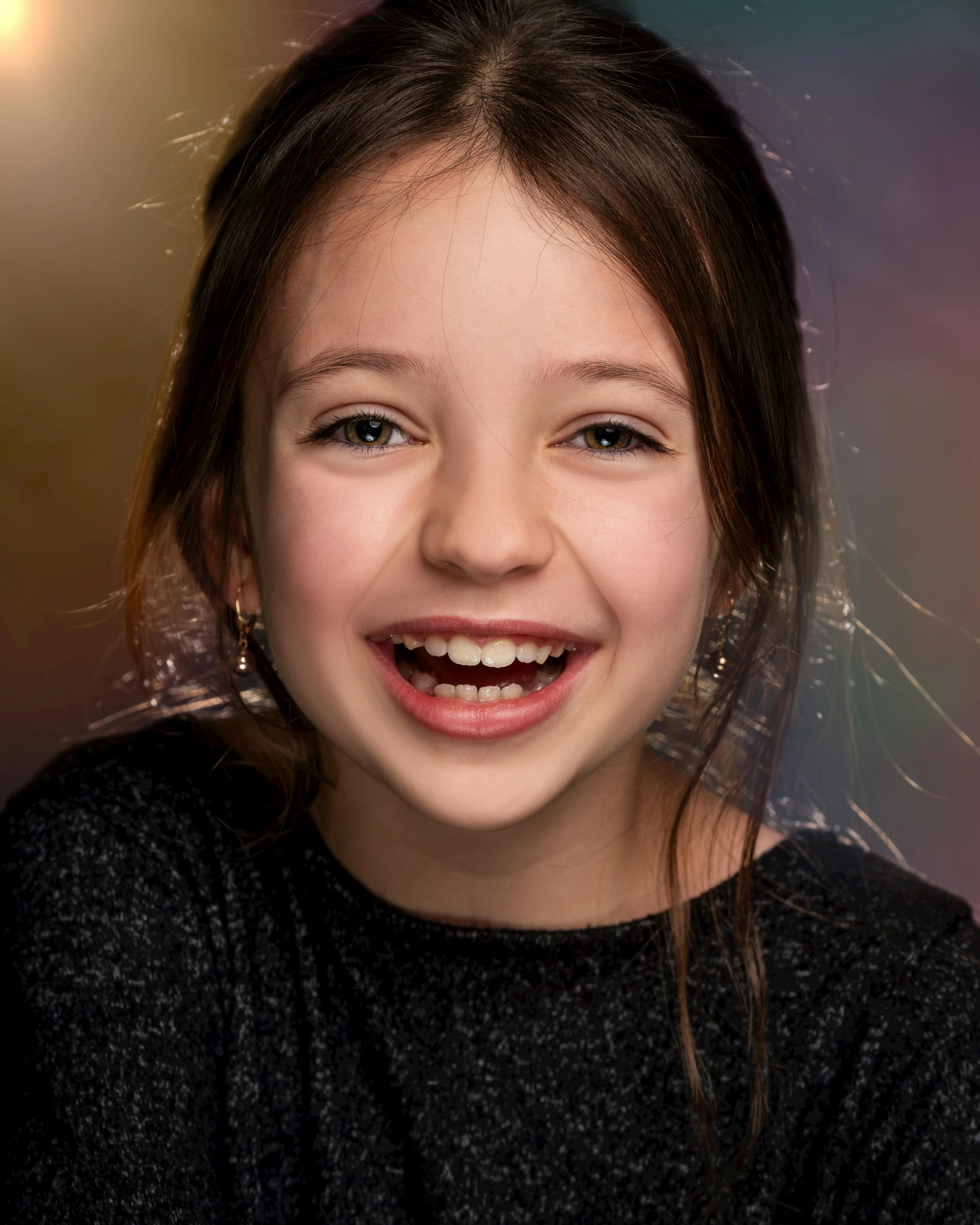 a little girl with a big smile on her face, a character portrait, inspired by Sophie Anderson, pexels contest winner, rainbow overlay! beautifully lit, 9 0 mm studio photograph tiny, portrait sophie mudd, large black smile