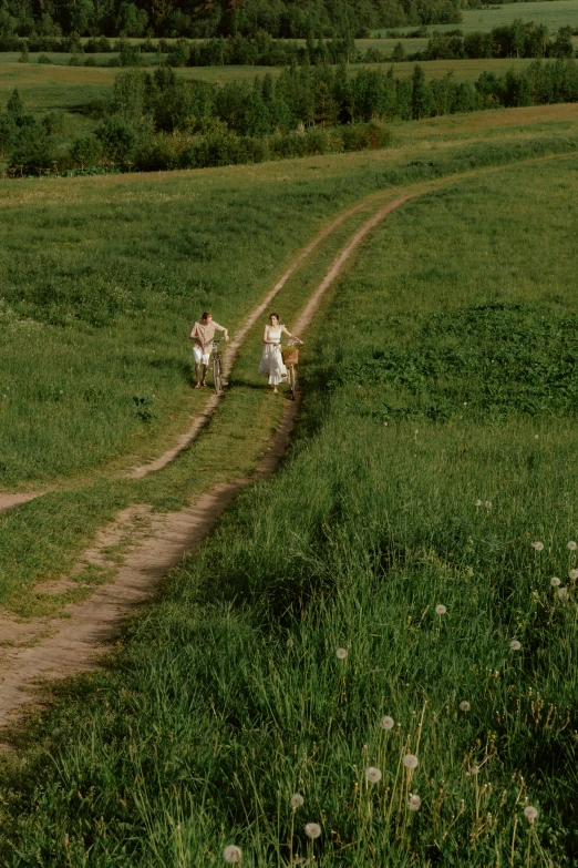 a group of people riding horses down a dirt road, an album cover, by Attila Meszlenyi, pexels contest winner, renaissance, lush green meadow, andrei tarkovsky scene, 4 k photo autochrome, wide high angle view