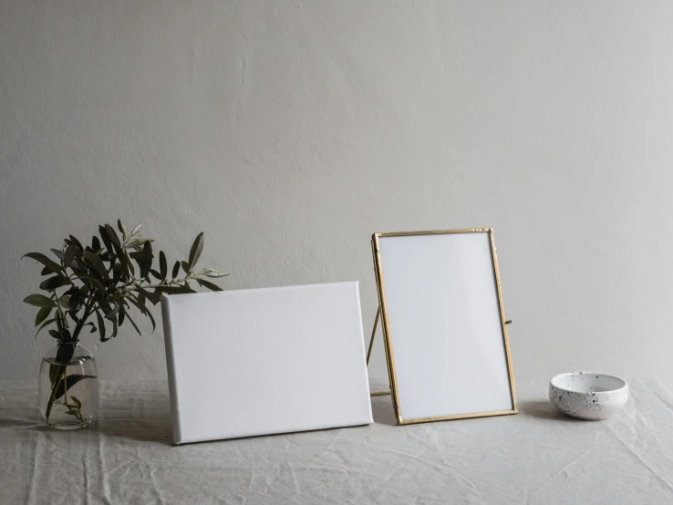 a picture frame sitting on top of a table next to a plant, a picture, by Helen Stevenson, metallic brass accessories, white box, product display photograph, white tablecloth