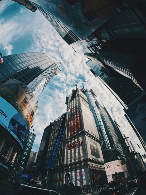 a city street filled with lots of tall buildings, unsplash contest winner, surrealism, time square, gopro photo, ilustration, skies