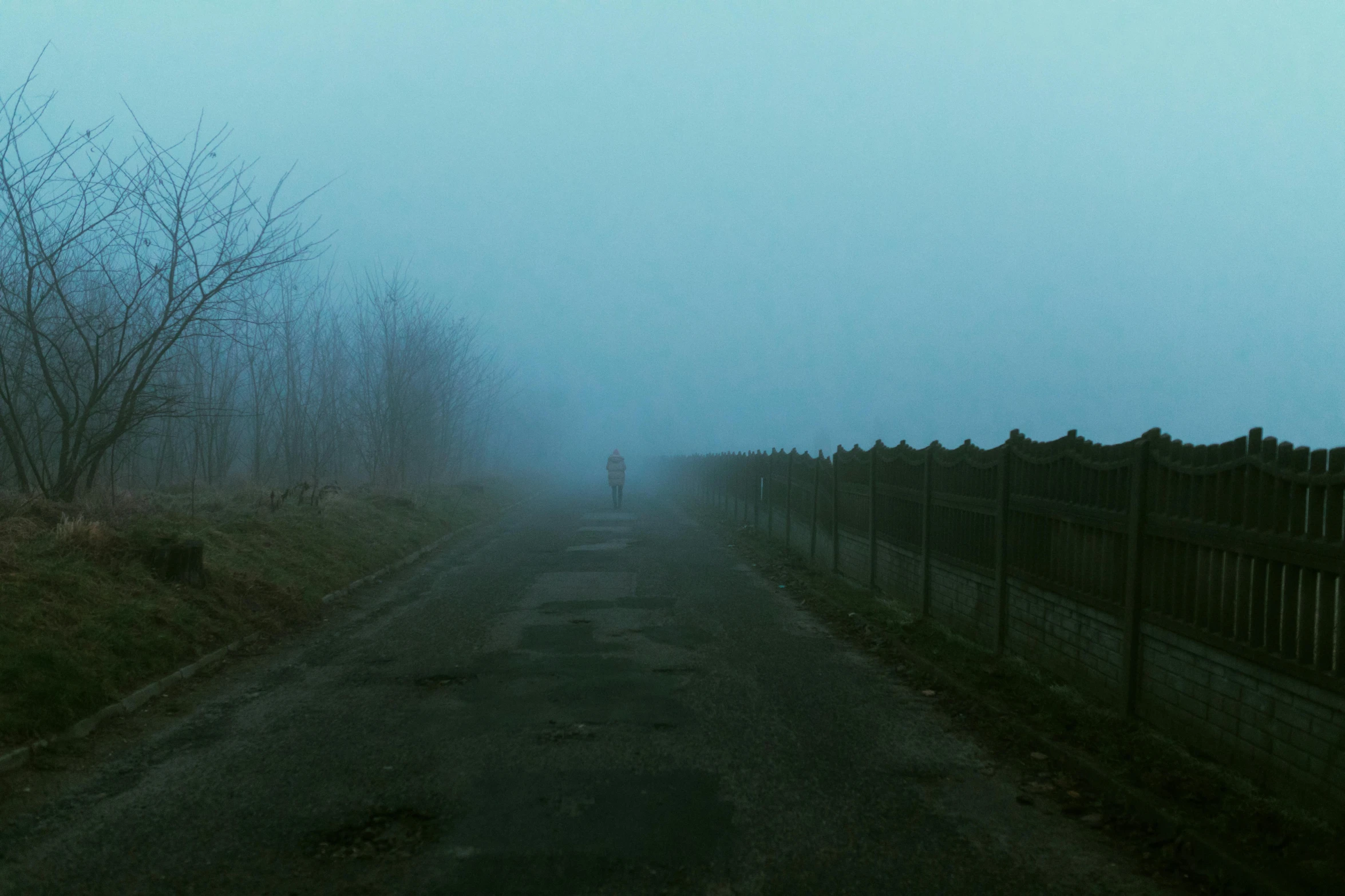 a person walking down a road on a foggy day, a picture, inspired by Elsa Bleda, pexels contest winner, romanticism, blue, desolate :: long shot, psychological horror movie still, terrified