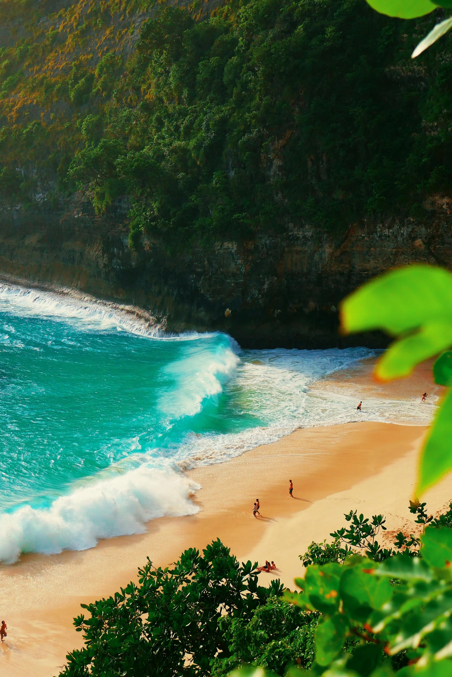 a group of people standing on top of a beach next to the ocean, lush valley, breathtaking wave, bali, slide show