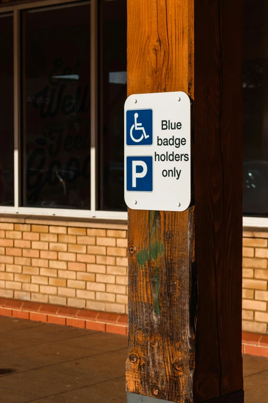 a blue and white sign on a wooden pole, by Paul Bird, unsplash, graffiti, wheelchair, square, brown, translucent