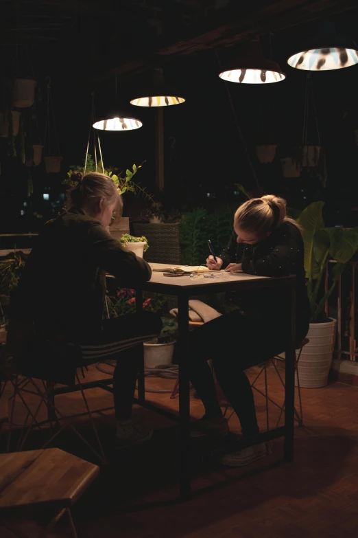 a couple of people that are sitting at a table, a drawing, pexels contest winner, set at night, bright natural light, documentary still, in a medium full shot