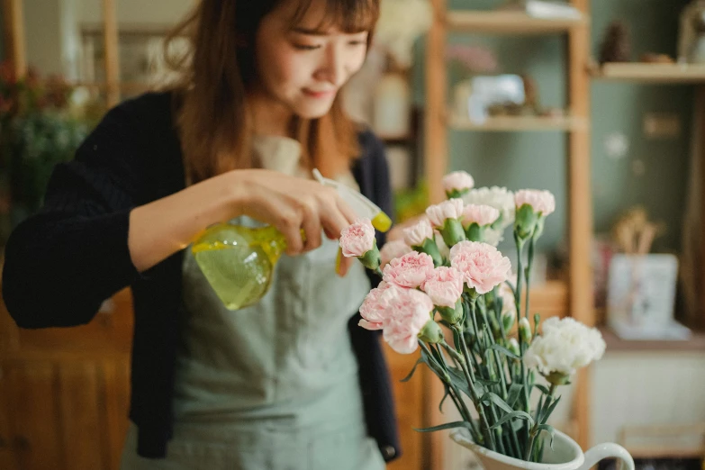 a woman pouring water on flowers in a vase, pexels contest winner, japanese collection product, carnation, wearing an apron, green and pink colour palette