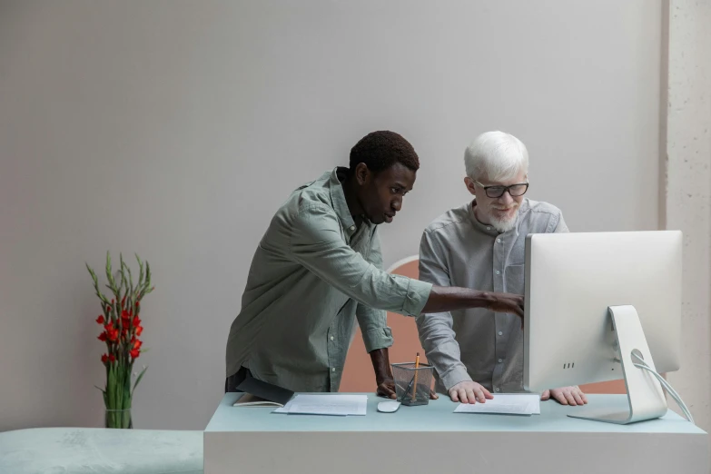 a man and a woman looking at a computer screen, trending on pexels, albino white pale skin, standing on a desk, gray haired, two young men