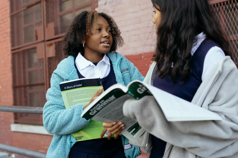 a couple of girls standing next to each other, trending on unsplash, heidelberg school, textbooks and books, schomburg, promo still, strathmore 2 0 0