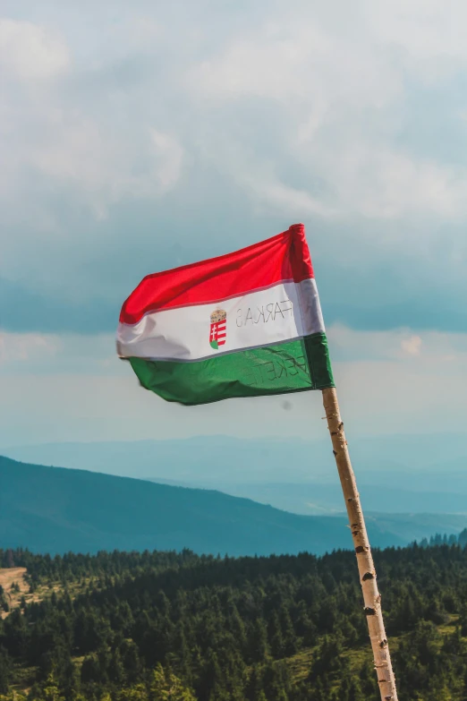 a flag flying in the wind on top of a mountain, by Julia Pishtar, hurufiyya, hungarian flag in the background, profile image, multiple stories, view from above