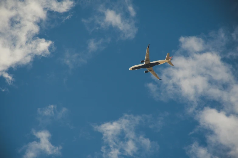 a large jetliner flying through a cloudy blue sky, by Peter Churcher, pexels contest winner, minimalism, cloudless sky, thumbnail, excitement, shot on sony a 7