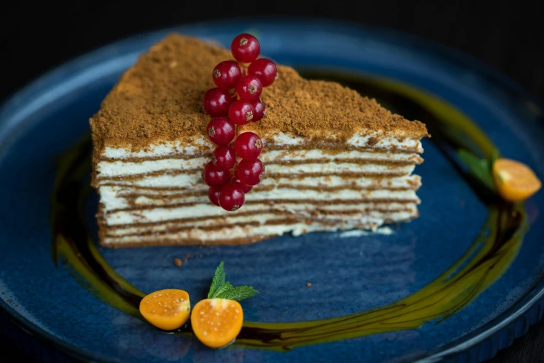 a piece of cake sitting on top of a blue plate, pexels, bauhaus, red caviar instead of sand, cinnamon, profile image, birch