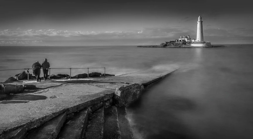 a black and white photo of a lighthouse, by John Hutton, stepping stones, nice view, steps, slow exposure hdr 8 k