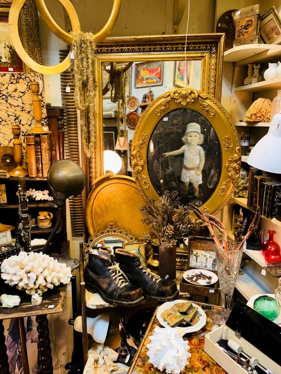 a room filled with lots of assorted items, a portrait, gold and black color scheme, vintage look, 5 feet away, thumbnail