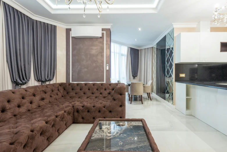 a living room filled with furniture and a chandelier, by Alexander Fedosav, neo kyiv, furnished room, thumbnail, brown:-2