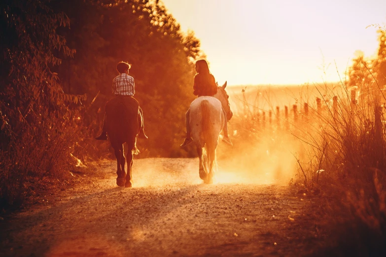 two people riding horses down a dirt road, a picture, by Lee Loughridge, unsplash contest winner, golden hour 8k, country style, romantic lead, australian