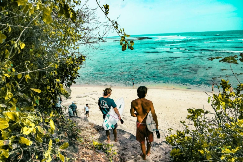 a couple of people walking on top of a sandy beach, surfing, lush nature, sarenrae, bottom angle