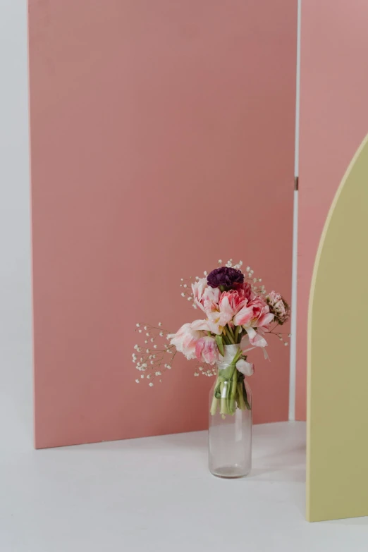 a vase of flowers sitting on top of a table, solid color backdrop, mirror background, midsommar color theme, zoomed in
