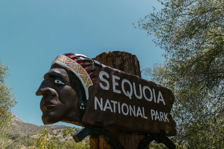 a wooden sign that says sequia national park, a statue, trending on unsplash, feather native american headgear, square, california, 🚿🗝📝