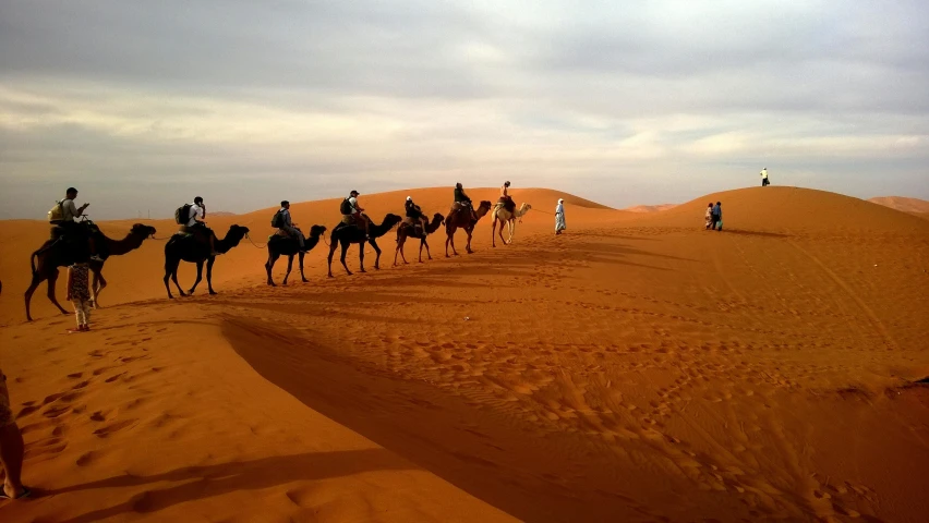 a group of people riding camels across a desert, inspired by Steve McCurry, hurufiyya, victorian arcs of sand, amber, walking down, slide show