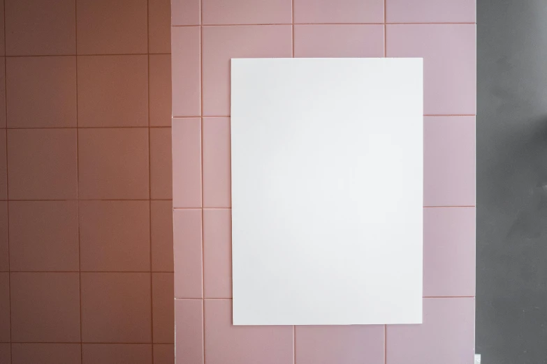 a bathroom with a toilet and a mirror, a poster, inspired by Agnes Martin, unsplash, pink pastel, made of all white ceramic tiles, close-up product photo, whiteboards