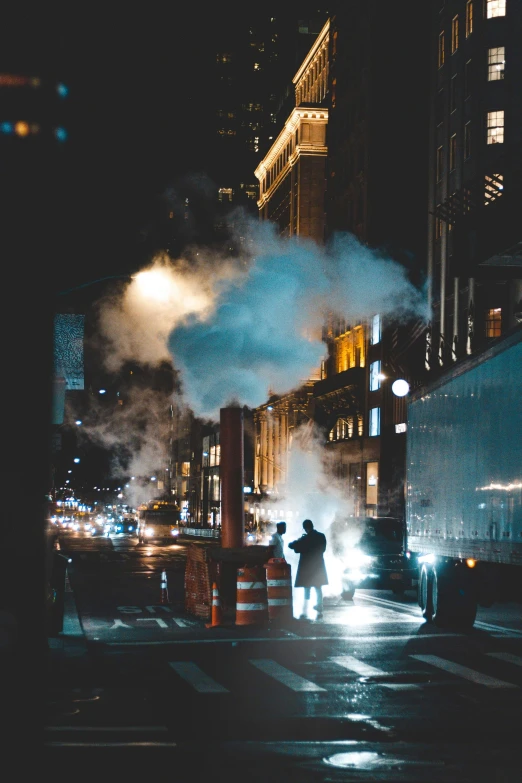 a group of people walking down a street at night, by Adam Rex, pexels contest winner, digital art, steam pipes, attacking nyc, white steam on the side, view from the streets