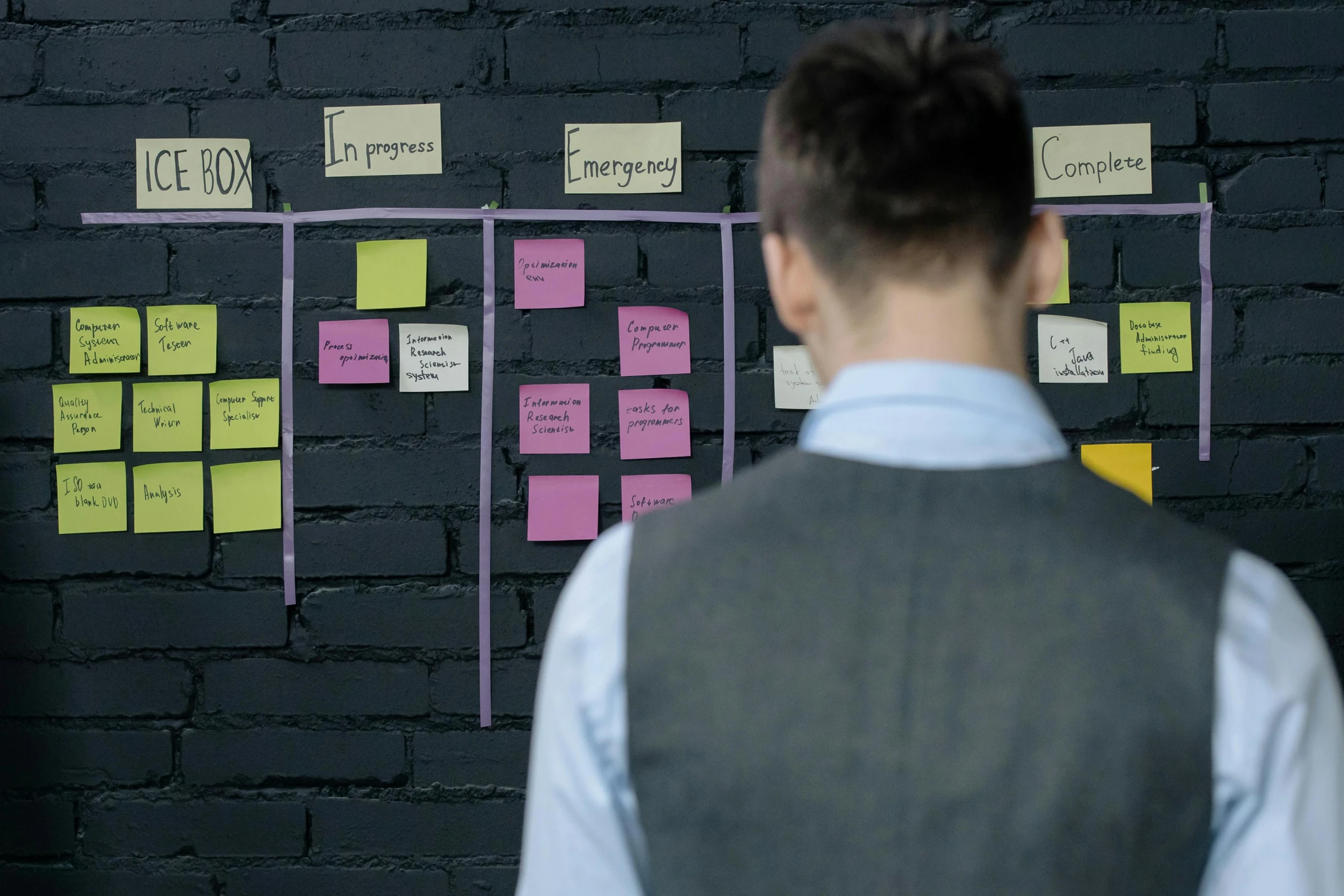 a man standing in front of a wall covered in post it notes, detailed plans and notes, on a dark background, avatar image, promotional image