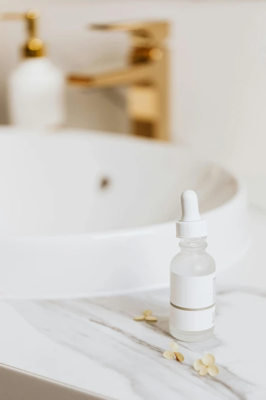 a white sink sitting under a faucet in a bathroom, by Julia Pishtar, trending on pexels, painting of one health potion, miniature product photo, on a white table, syrup