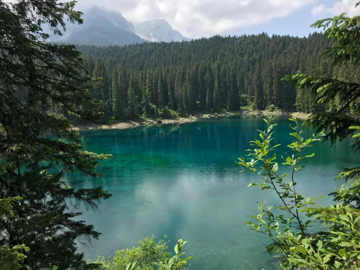a large body of water surrounded by trees, by Emma Andijewska, pexels contest winner, hurufiyya, lago di sorapis, hd footage, fan favorite, photo on iphone