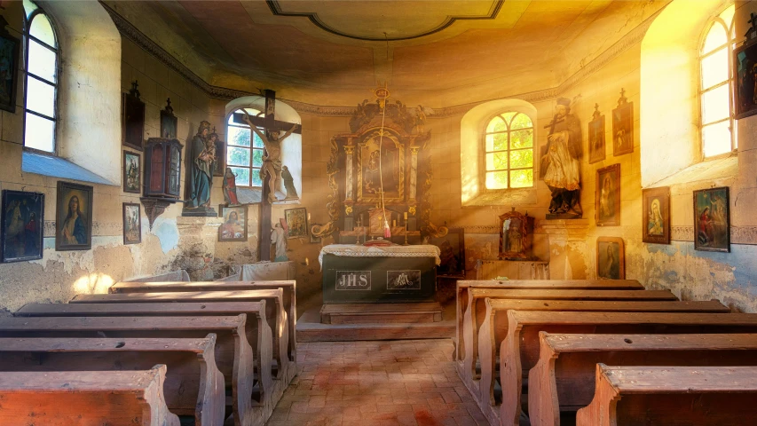 a church filled with wooden pews next to windows, a picture, unsplash contest winner, renaissance, bathed in golden light, mattepainting, french village interior, janusz jurek