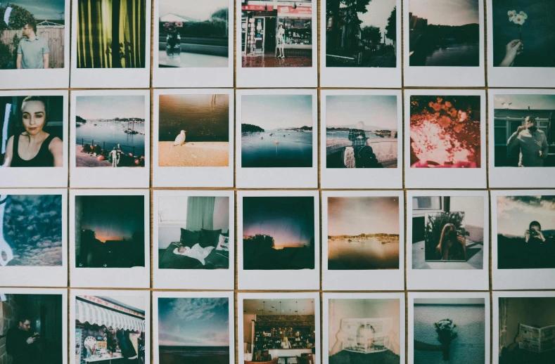 a bunch of polaroids hanging on a wall, trending on unsplash, square pictureframes, dreamy sequence, grid of styles, beautiful view