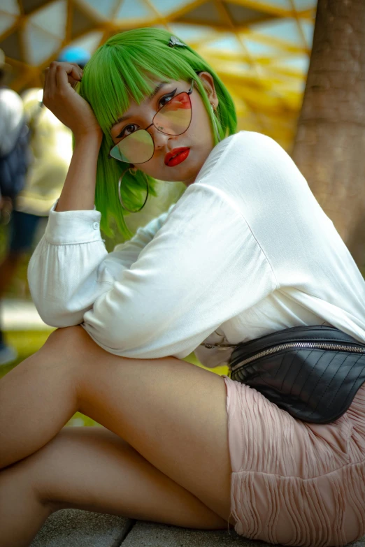 a woman with green hair sitting on a bench, trending on pexels, round thighs, portrait of a japanese teen, colorful]”, 2b