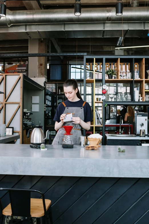 a woman standing at a counter in a coffee shop, by Matthias Stom, trending on unsplash, aussie baristas, inspect in inventory image, pouring, mix with rivendell architecture