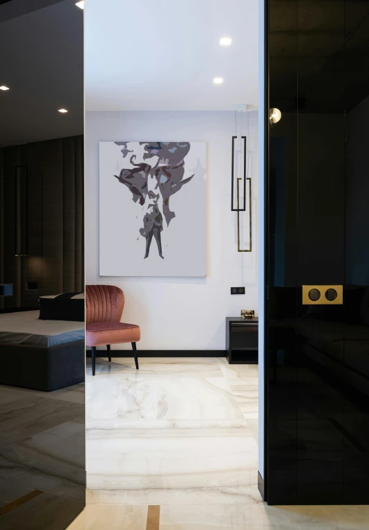 a living room filled with furniture and a painting on the wall, inspired by Anton Solomoukha, visual art, apartment hallway, high quality 3d render, black marble, concert