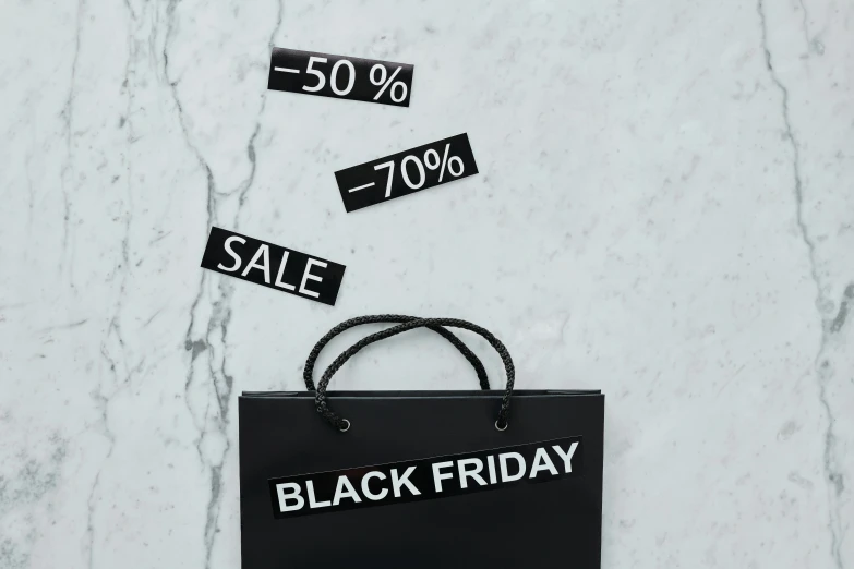 a black shopping bag with black friday written on it, trending on pexels, hurufiyya, black marble, thumbnail, panel of black, no - text no - logo