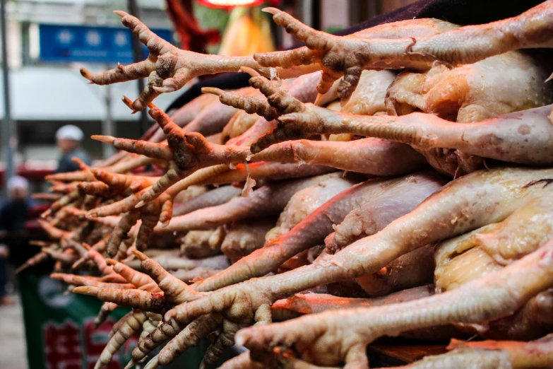 a bunch of meat sitting on top of a table, by Julia Pishtar, lizard legs, sichuan, closeup of arms, trending on markets