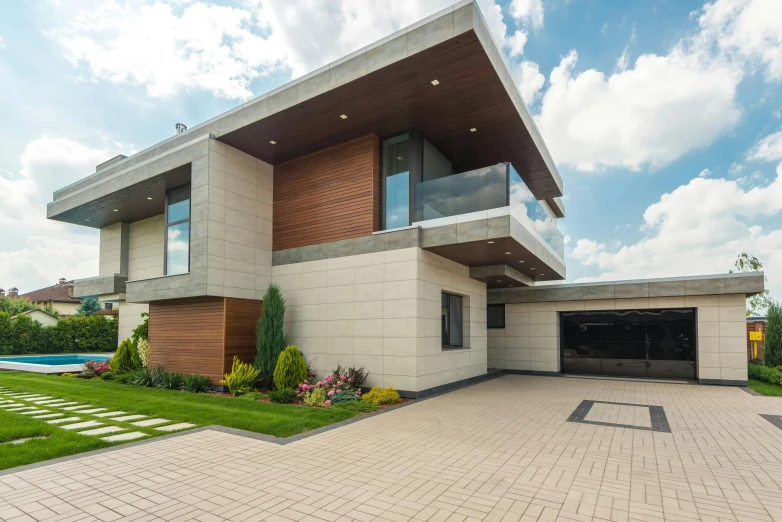 a house with a driveway in front of it, inspired by Bauhaus, unsplash, stylized stone cladding texture, an extremely high quality hd, paved, wide high angle view