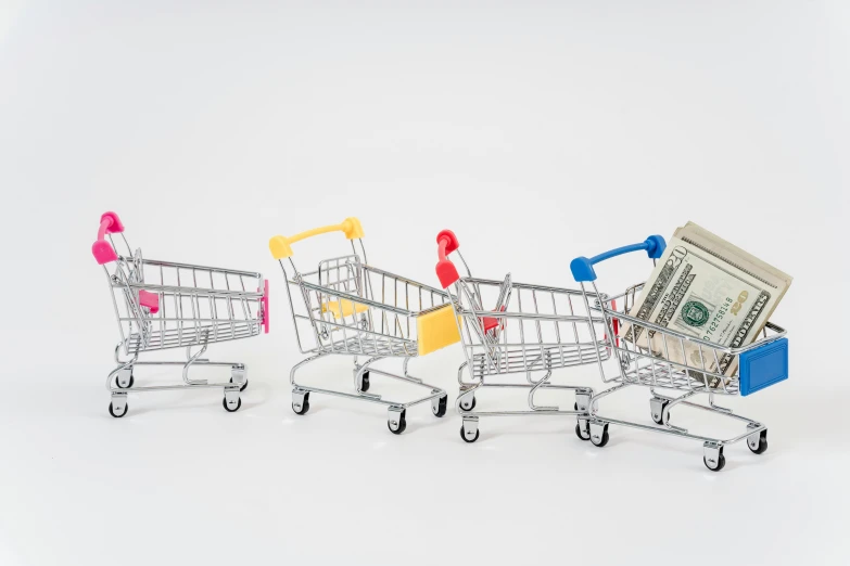 a row of shopping carts filled with money, an album cover, pexels, hyperrealism, white bg, nendoroid, 🚀🌈🤩, mini model