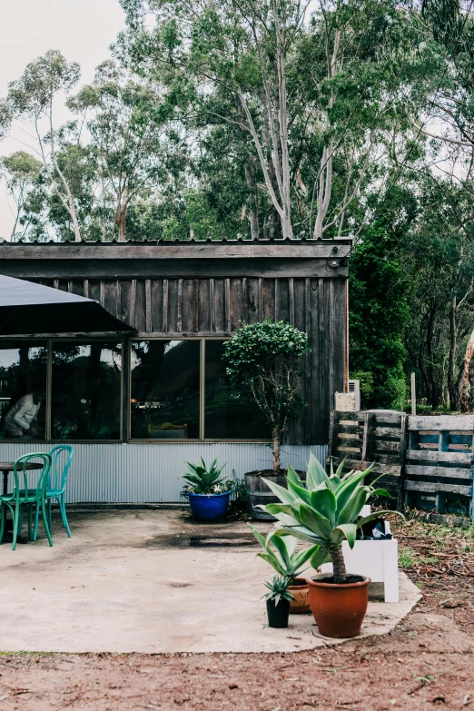 a patio with a table and chairs and an umbrella, a portrait, by Liza Donnelly, unsplash, australian bush, barn, upcycled, side front view