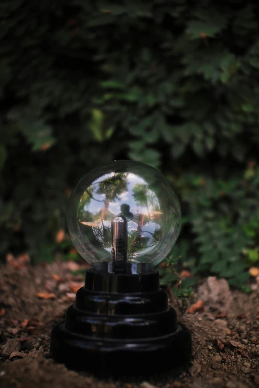 a snow globe sitting on top of a dirt ground, an album cover, inspired by Bruce Munro, unsplash contest winner, magic realism, ignant, emerging from a lamp, gardening, medium close up shot