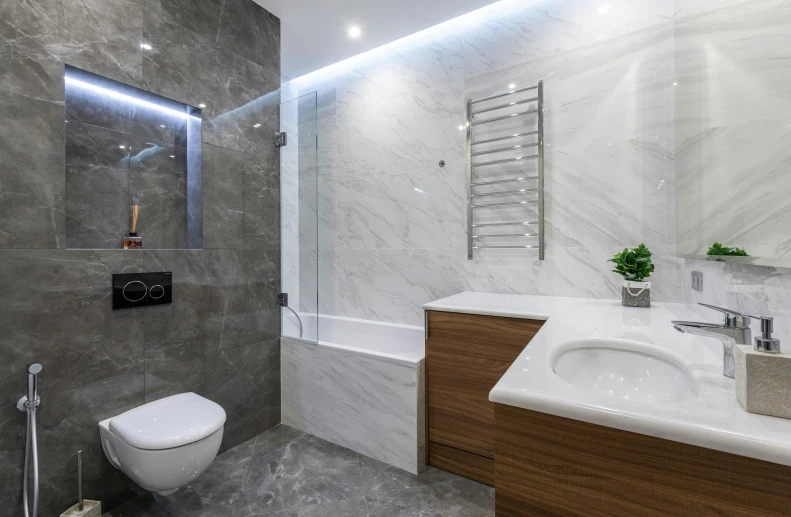 a bath room with a toilet a sink and a bath tub, by Alexander Fedosav, white marble texture, neo kyiv, led, high-quality photo